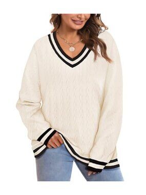 Plus Size Cable Knit V-Neck Long Sleeve Sweater Pullover